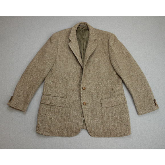 Harris Tweed Blazer Mens 46R Brown Herringbone Elbow Patch Notch Lapel Blazer - Picture 2 of 12